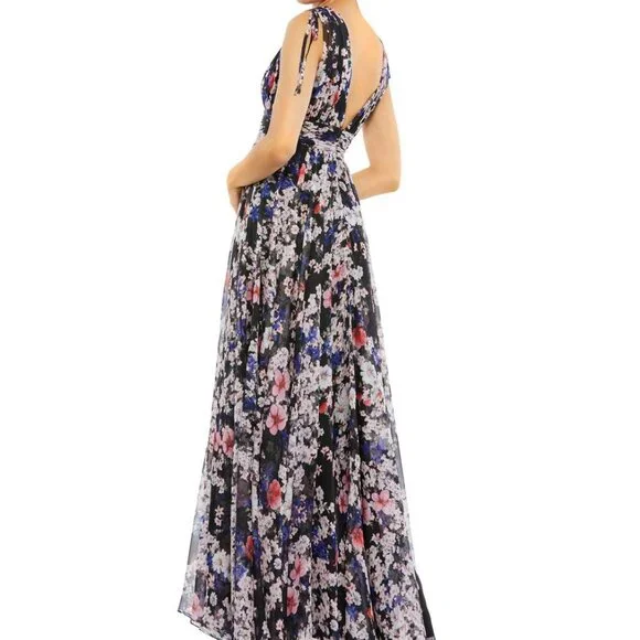 Mac Duggal Black Multi Pleated Floral Chiffon A Line Gown